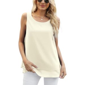 Yommay Women’s Sleeveless Chiffon Tank Top Beige White Loose Fit Summer Blouse