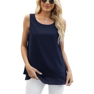 Yommay Women’s Sleeveless Chiffon Tank Top Navy Blue Loose Fit Summer Blouse