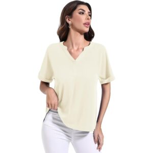 Yommay Women’s V-Neck Short Sleeve Pleated Chiffon Tunic Top Beige White