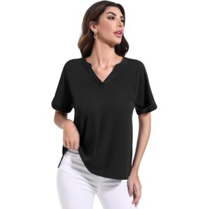 Yommay Women’s V-Neck Short Sleeve Pleated Chiffon Tunic Top Black