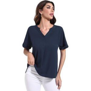 Yommay Women’s V-Neck Short Sleeve Pleated Chiffon Tunic Top Navy Blue