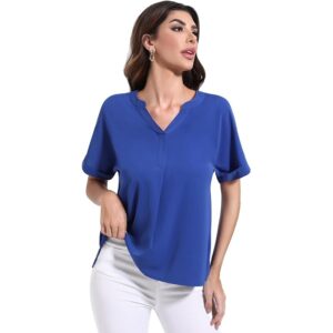 Yommay Women’s V-Neck Short Sleeve Pleated Chiffon Tunic Top Royal Blue