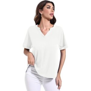 Yommay Women’s V-Neck Short Sleeve Pleated Chiffon Tunic Top White