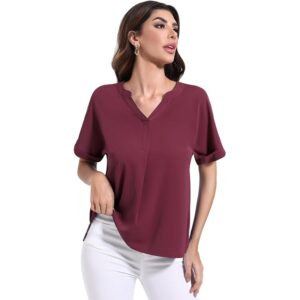 Yommay Women’s V-Neck Short Sleeve Pleated Chiffon Tunic Top Wine Red